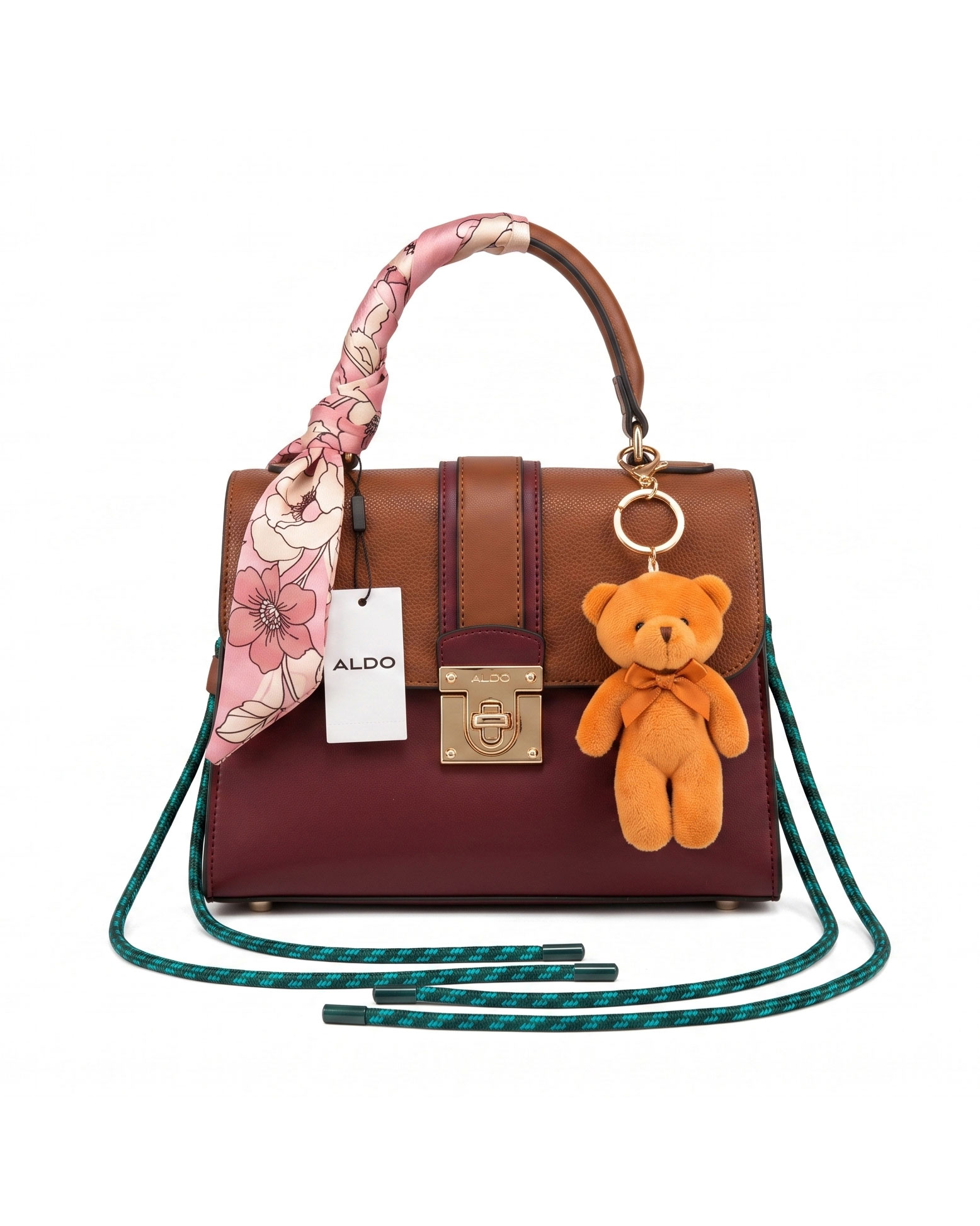 ALDO Lucenaa Top Handle Bag (Brown & Burgundy Color-Block with Plush Teddy Bear Keychain)