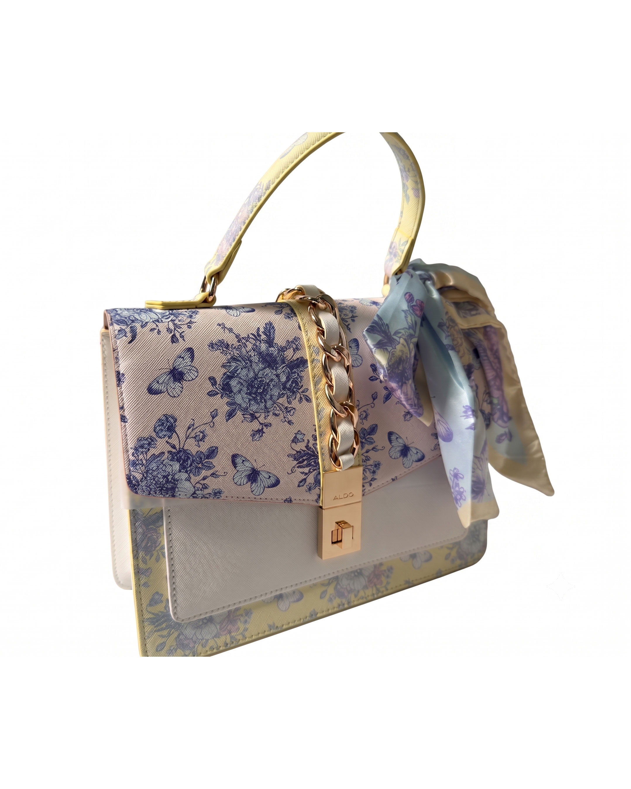 ALDO Eloizee Top Handle Bag (Blue & White Floral/Butterfly Print with Attached Matching Scarf)