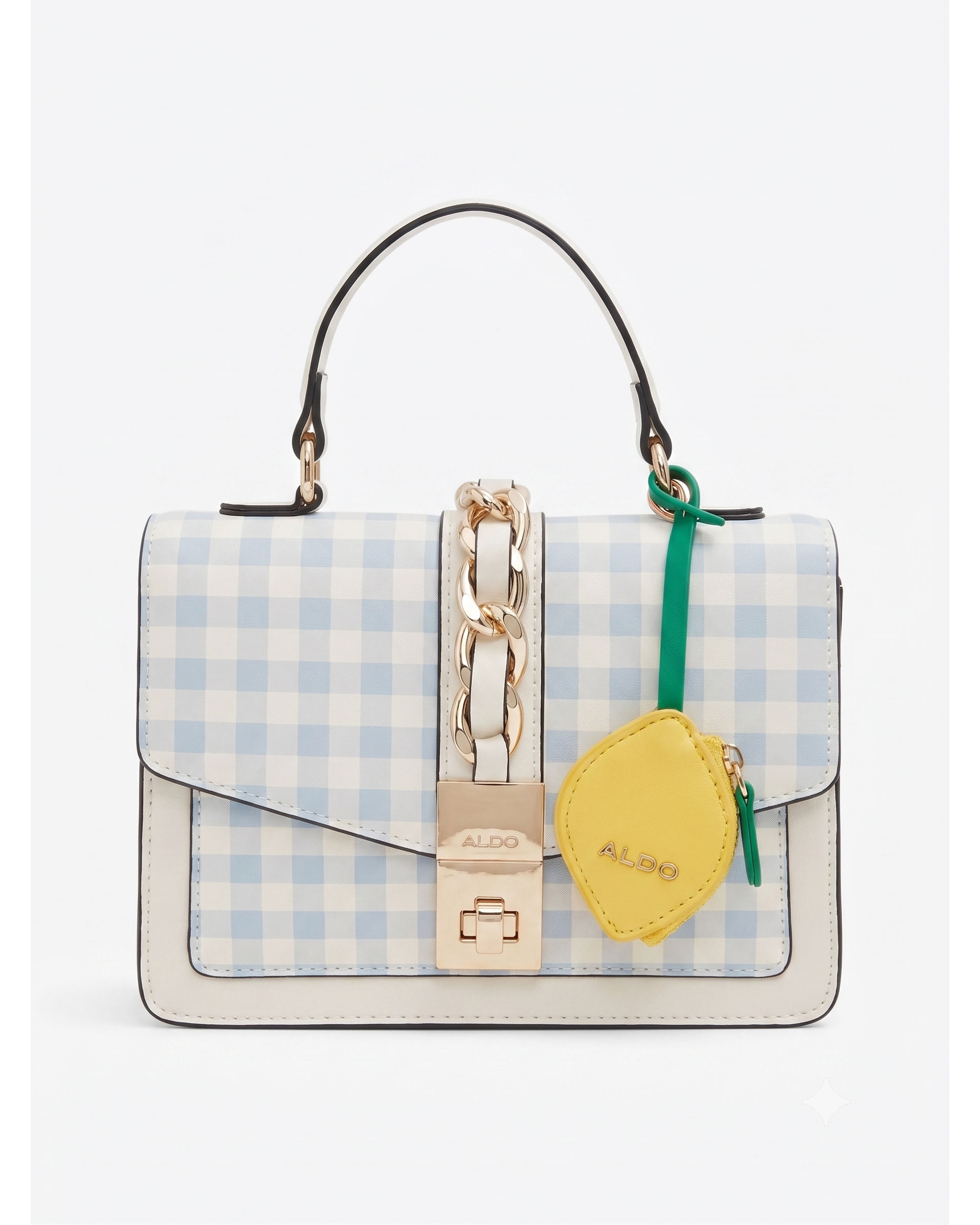 ALDO Lucenaa Top Handle Bag (Light Blue & White Gingham Print with Lemon Pouch Charm)
